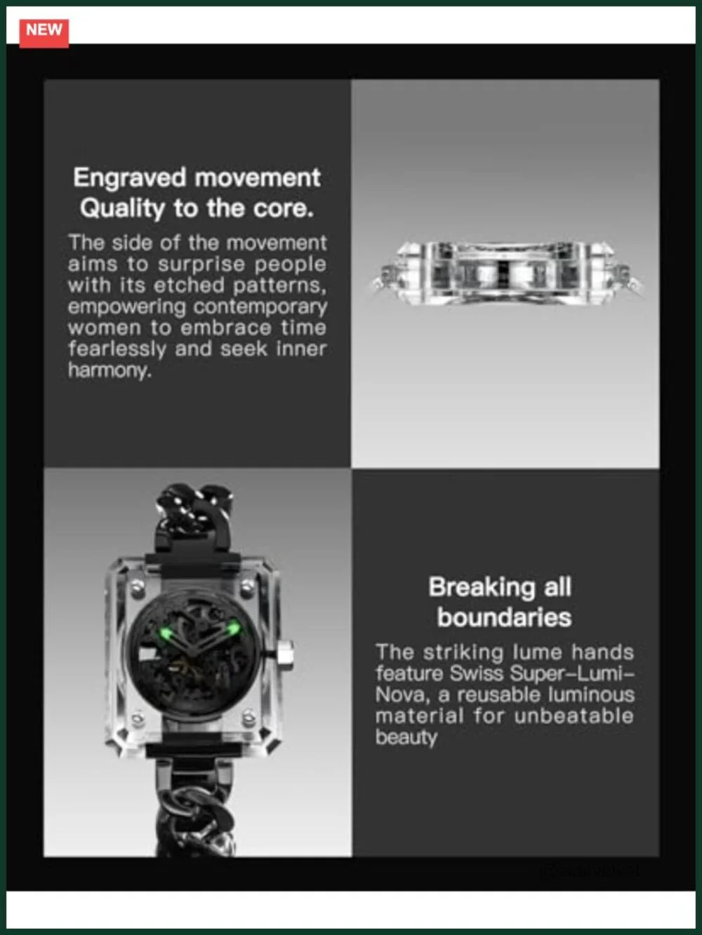 Automatic Skeleton Watch K9 Crystal Case Adjustable Strap